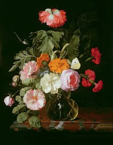 Roses, Peonies and Love-in-a-Mist in a Glass Vase with a White Butterfly